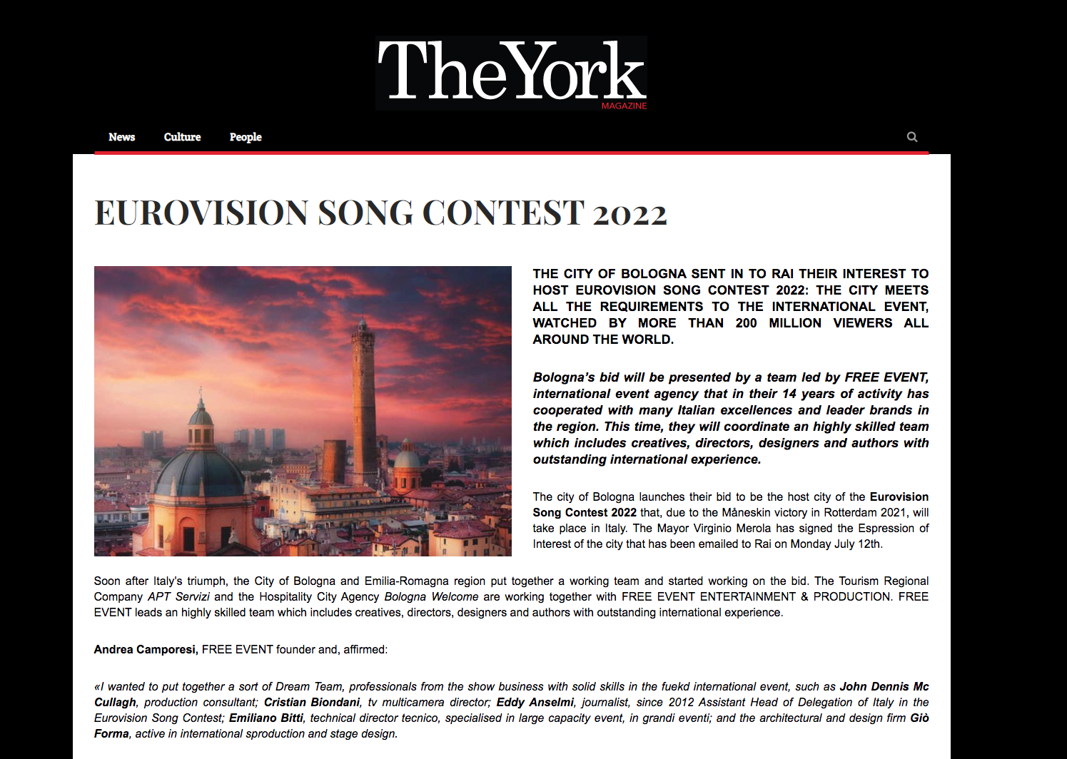 ANCHE All’estero se ne parla: EUROVISION SONG CONTEST 2022 A BOLOGNA; LA CITTà SI CANDIDA insieme a free event